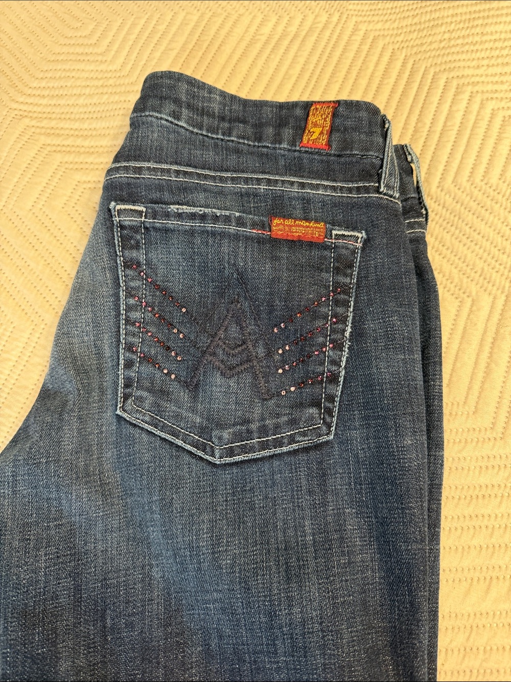 7 For All Mankind Women's Dark Blue Boot Cut Jeans with Embroidered Back Pocket